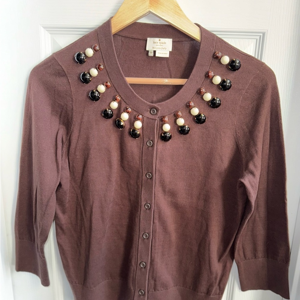 Kate Spade Rio Embellished Neckline Cardigan Brown Women’s M Luxury Elegant